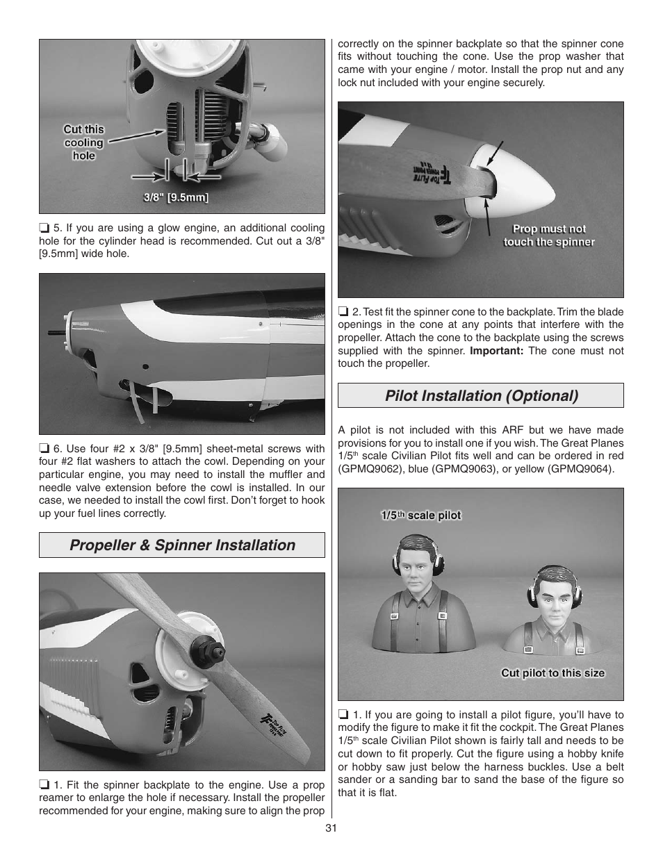 Propeller & spinner installation, Pilot installation (optional) | Great Planes Z526 Zlin Akrobat GP/EP ARF - GPMA1024 User Manual | Page 31 / 40