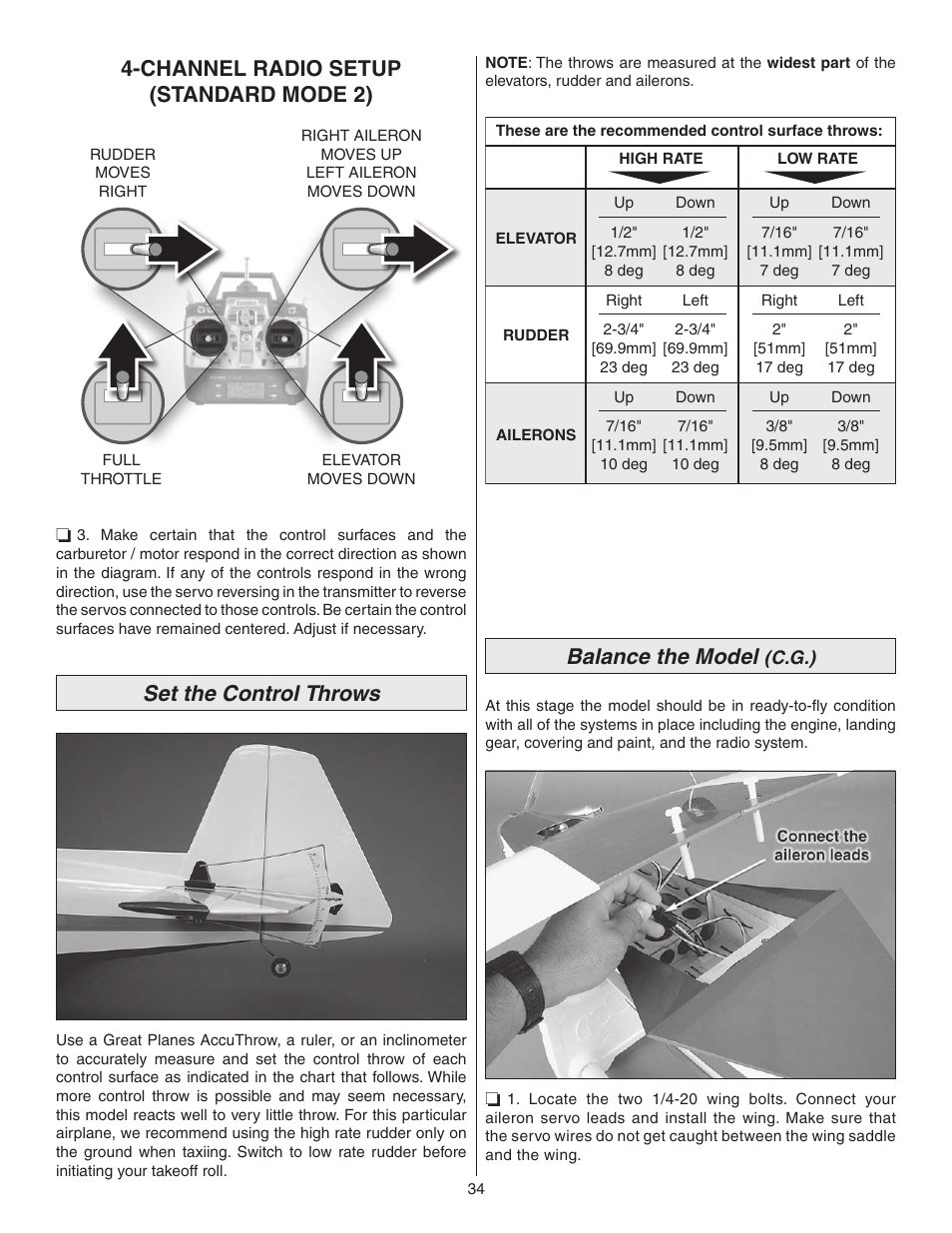 Channel radio setup (standard mode 2), Set the control throws, Balance the model | Great Planes Z526 Zlin Akrobat GP/EP ARF - GPMA1024 User Manual | Page 34 / 40