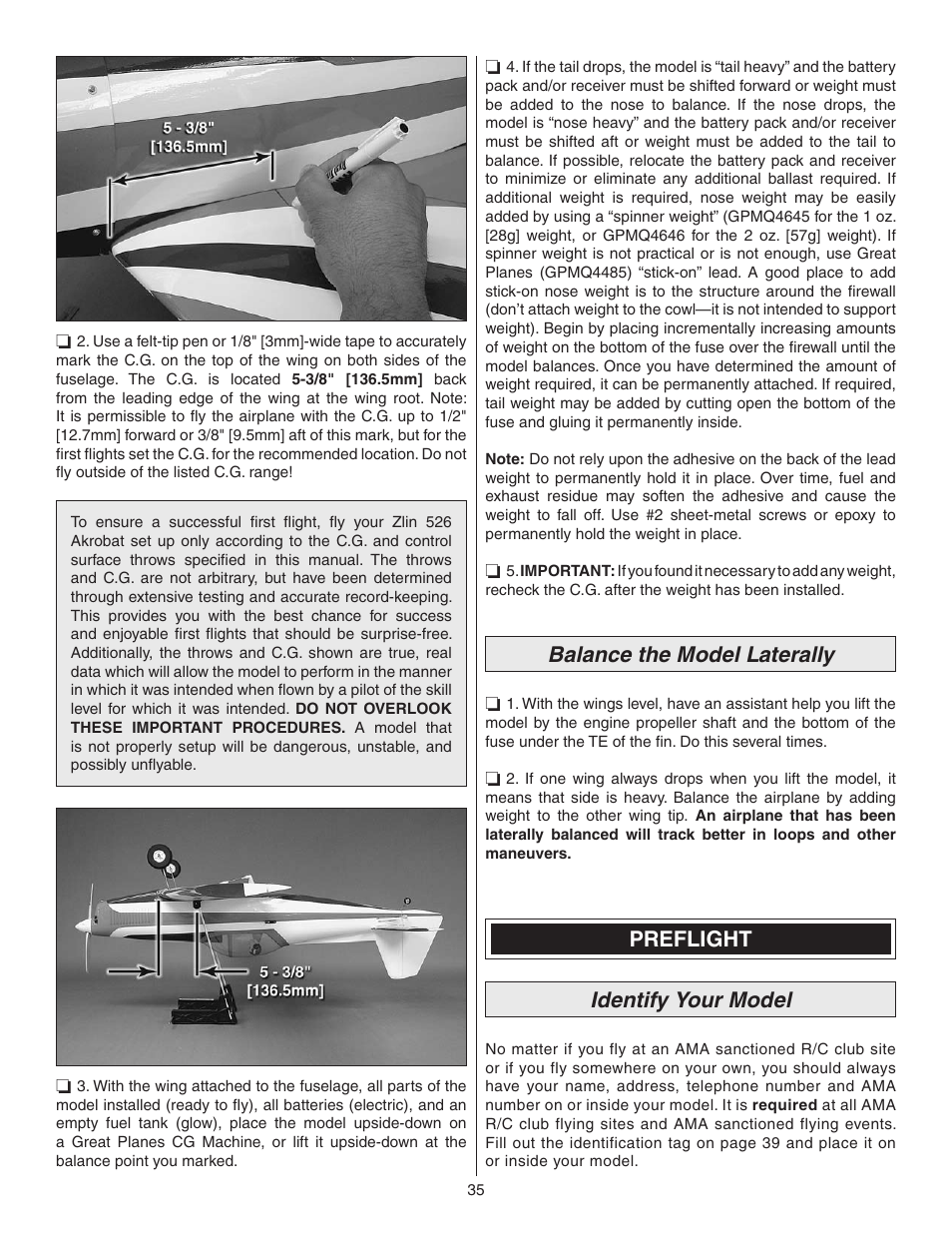 Balance the model laterally, Preflight identify your model | Great Planes Z526 Zlin Akrobat GP/EP ARF - GPMA1024 User Manual | Page 35 / 40