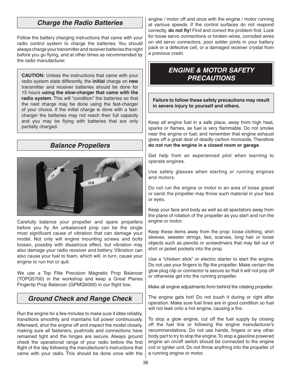 Charge the radio batteries, Balance propellers, Ground check and range check | Engine & motor safety precautions | Great Planes Z526 Zlin Akrobat GP/EP ARF - GPMA1024 User Manual | Page 36 / 40