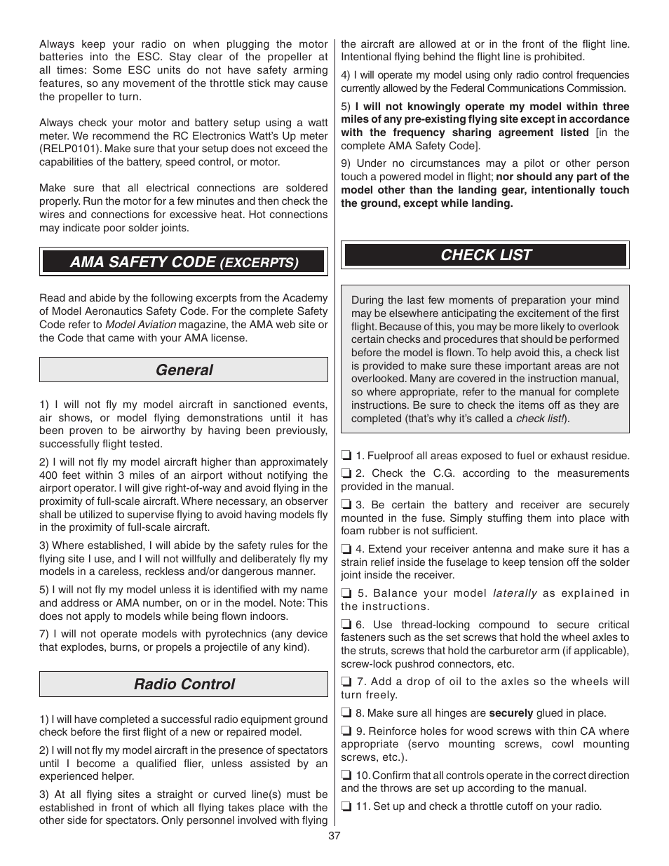 Ama safety code, General, Radio control | Check list | Great Planes Z526 Zlin Akrobat GP/EP ARF - GPMA1024 User Manual | Page 37 / 40
