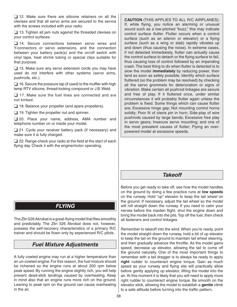 Flying, Fuel mixture adjustments, Takeoff | Great Planes Z526 Zlin Akrobat GP/EP ARF - GPMA1024 User Manual | Page 38 / 40