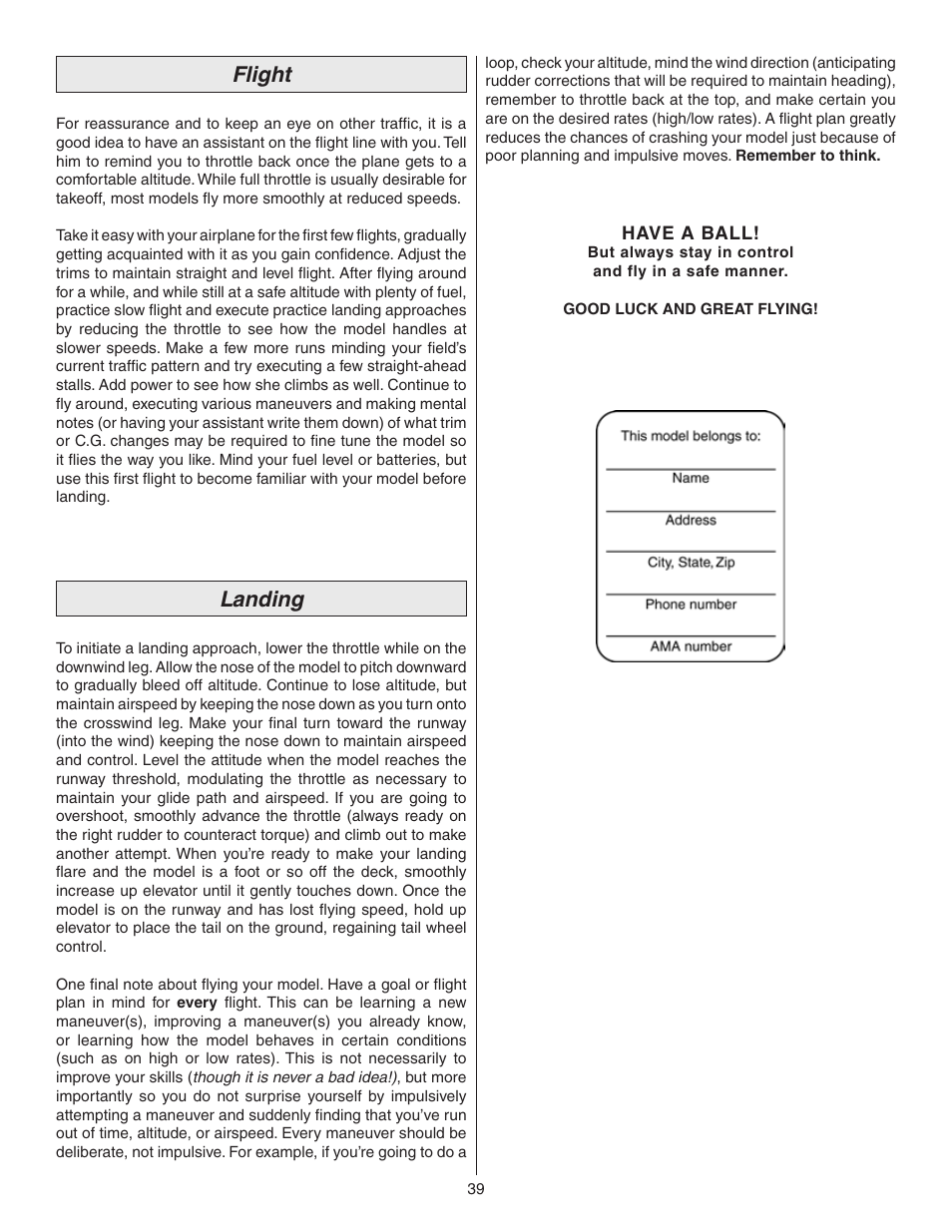 Flight, Landing | Great Planes Z526 Zlin Akrobat GP/EP ARF - GPMA1024 User Manual | Page 39 / 40