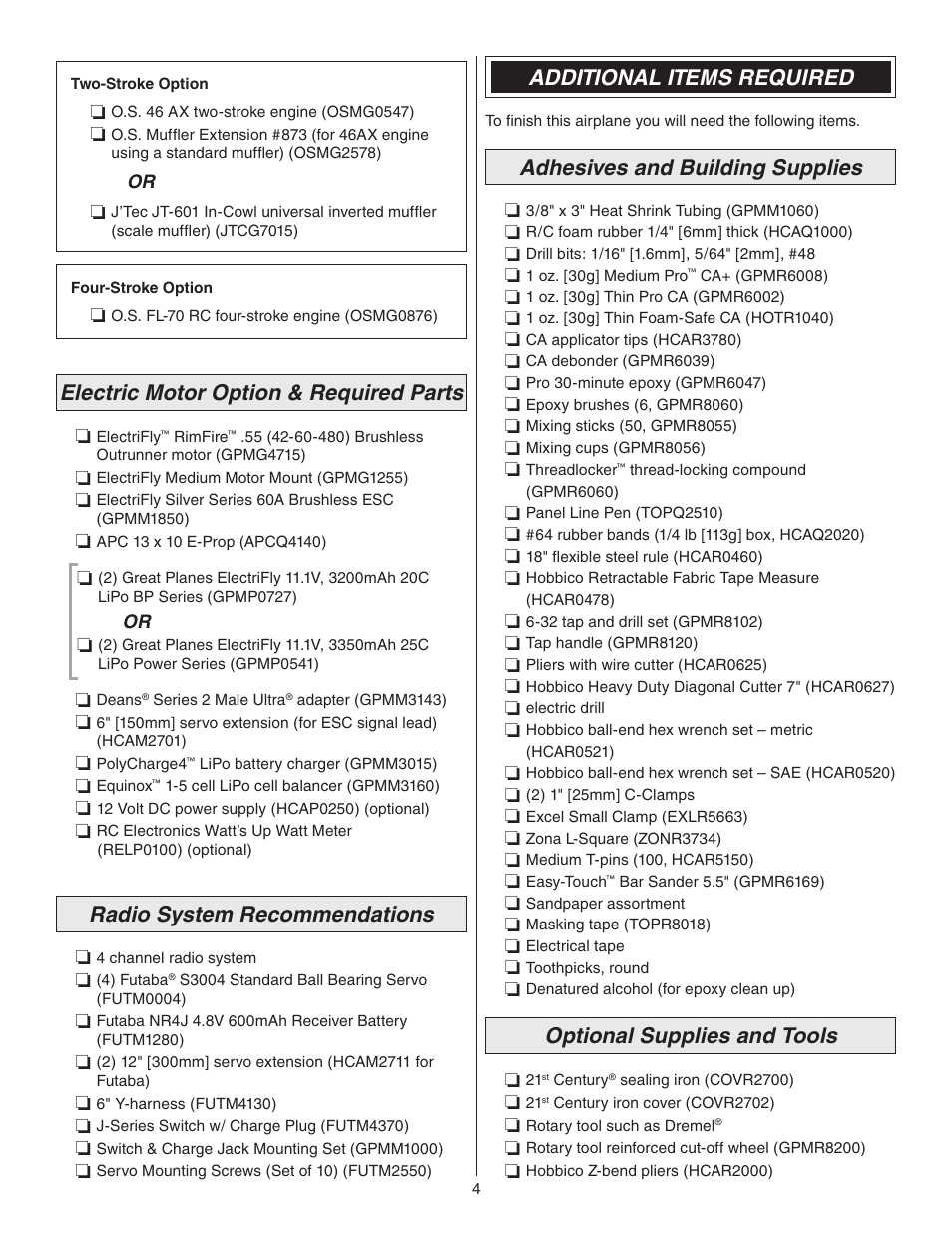 Electric motor option & required parts, Radio system recommendations, Additional items required | Adhesives and building supplies, Optional supplies and tools | Great Planes Z526 Zlin Akrobat GP/EP ARF - GPMA1024 User Manual | Page 4 / 40