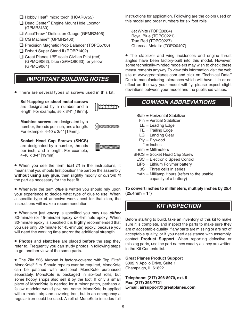 Common abbreviations, Kit inspection | Great Planes Z526 Zlin Akrobat GP/EP ARF - GPMA1024 User Manual | Page 5 / 40