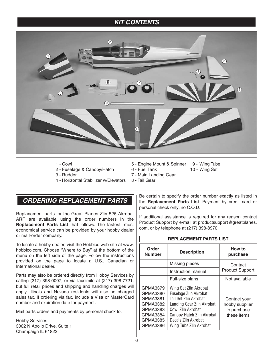 Ordering replacement parts, Kit contents | Great Planes Z526 Zlin Akrobat GP/EP ARF - GPMA1024 User Manual | Page 6 / 40