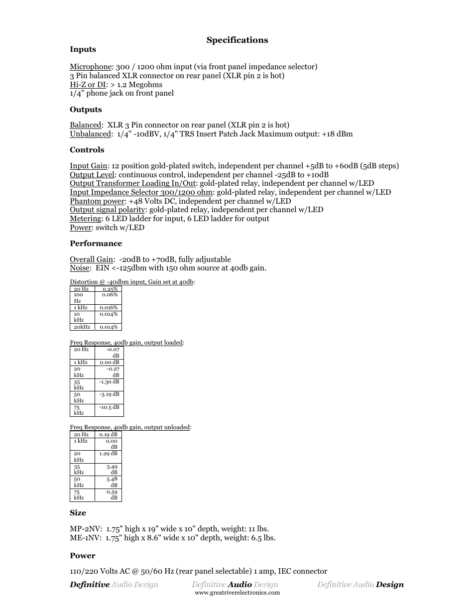Specifications | Great River Electronics MP-2NV User Manual | Page 6 / 7