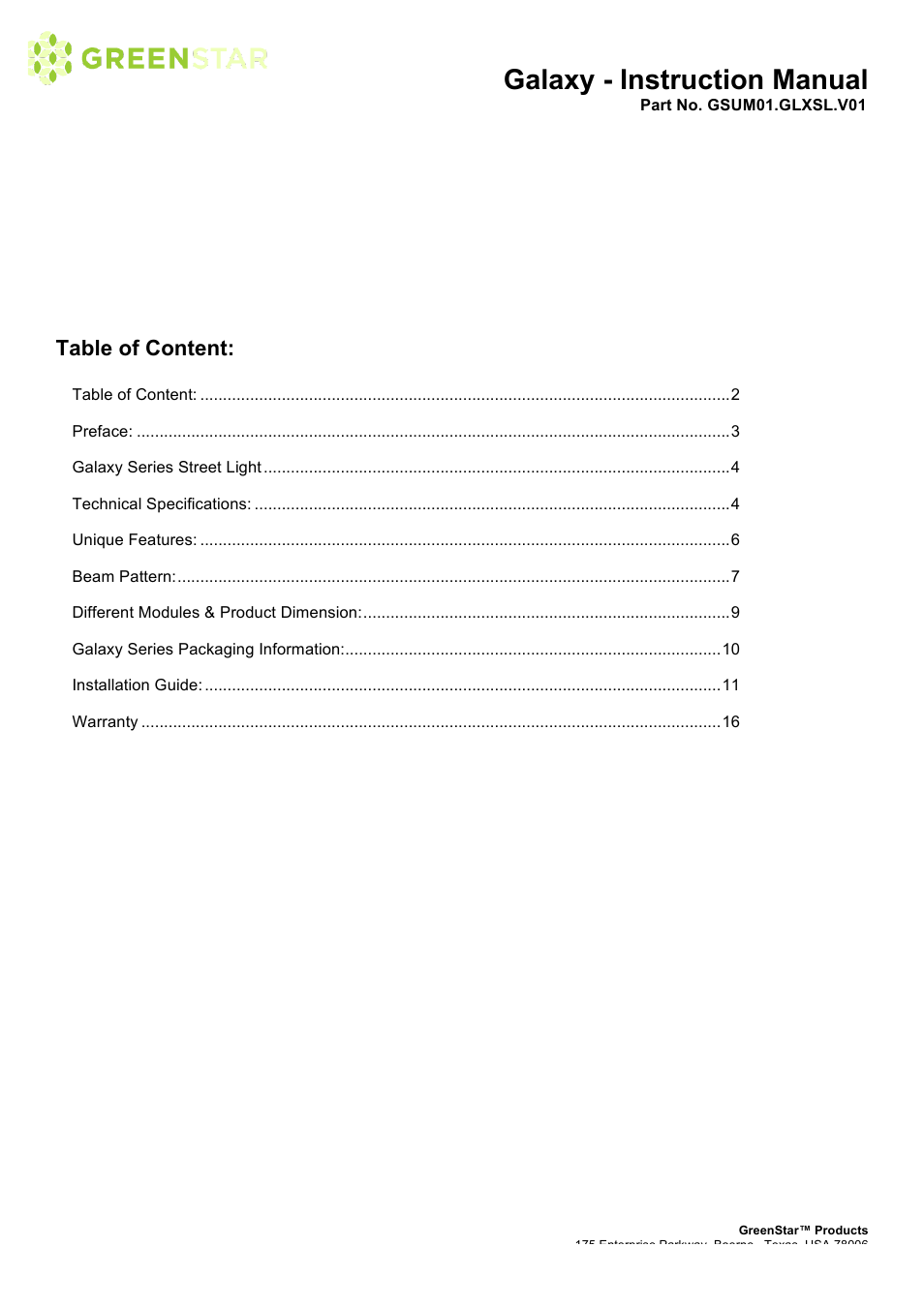 Galaxy - instruction manual, Table of content | GreenStar Galaxy User Manual | Page 2 / 16