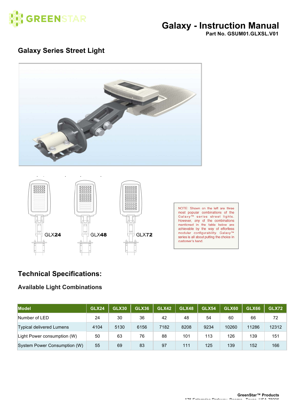 Galaxy - instruction manual, Galaxy series street light, Technical specifications | Available light combinations | GreenStar Galaxy User Manual | Page 4 / 16