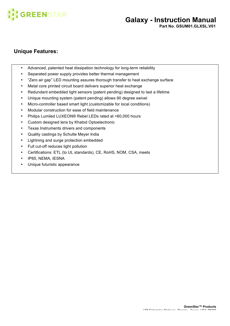 Galaxy - instruction manual, Unique features | GreenStar Galaxy User Manual | Page 6 / 16