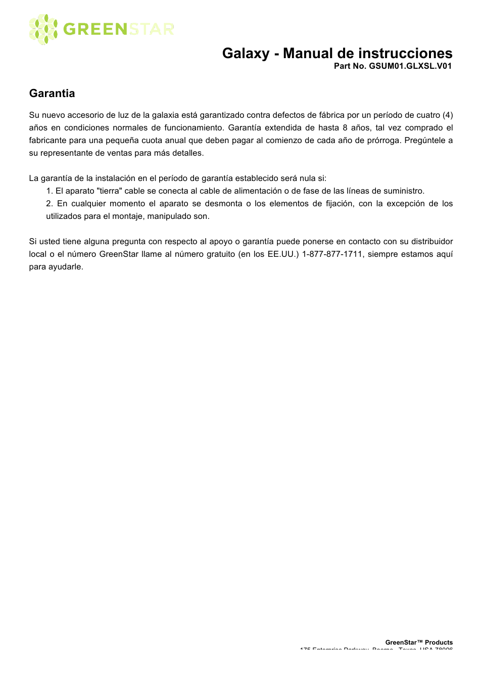 Galaxy - manual de instrucciones, Garantia | GreenStar Galaxy User Manual | Page 15 / 15