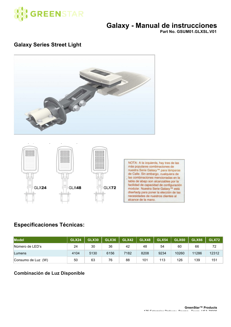 Galaxy - manual de instrucciones, Galaxy series street light, Especificaciones técnicas | Combinación de luz disponible | GreenStar Galaxy User Manual | Page 4 / 15