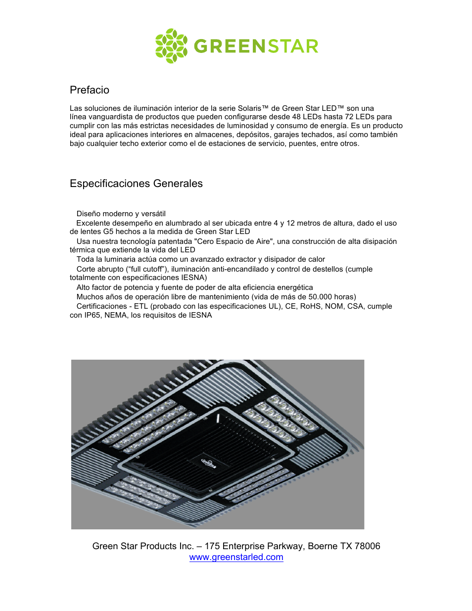 Prefacio, Especificaciones generales | GreenStar Solaris User Manual | Page 3 / 12