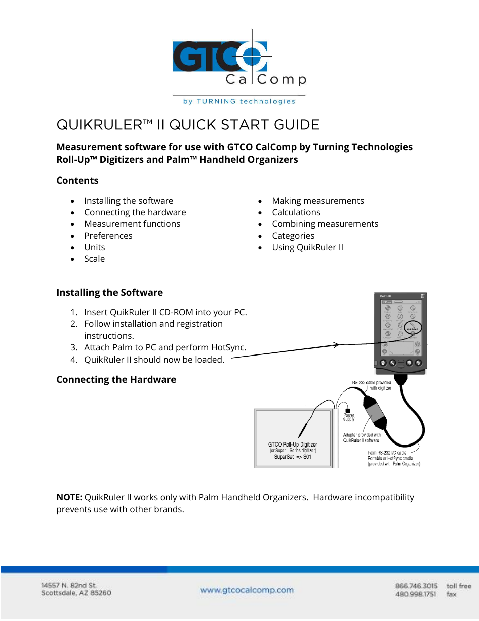 GTCO QuikRuler II for Palm OS - Quick Start Guide User Manual | 6 pages