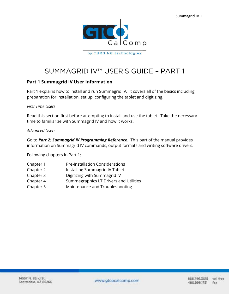 GTCO Summagrid IV - Users Guide Part 1 User Manual | 43 pages