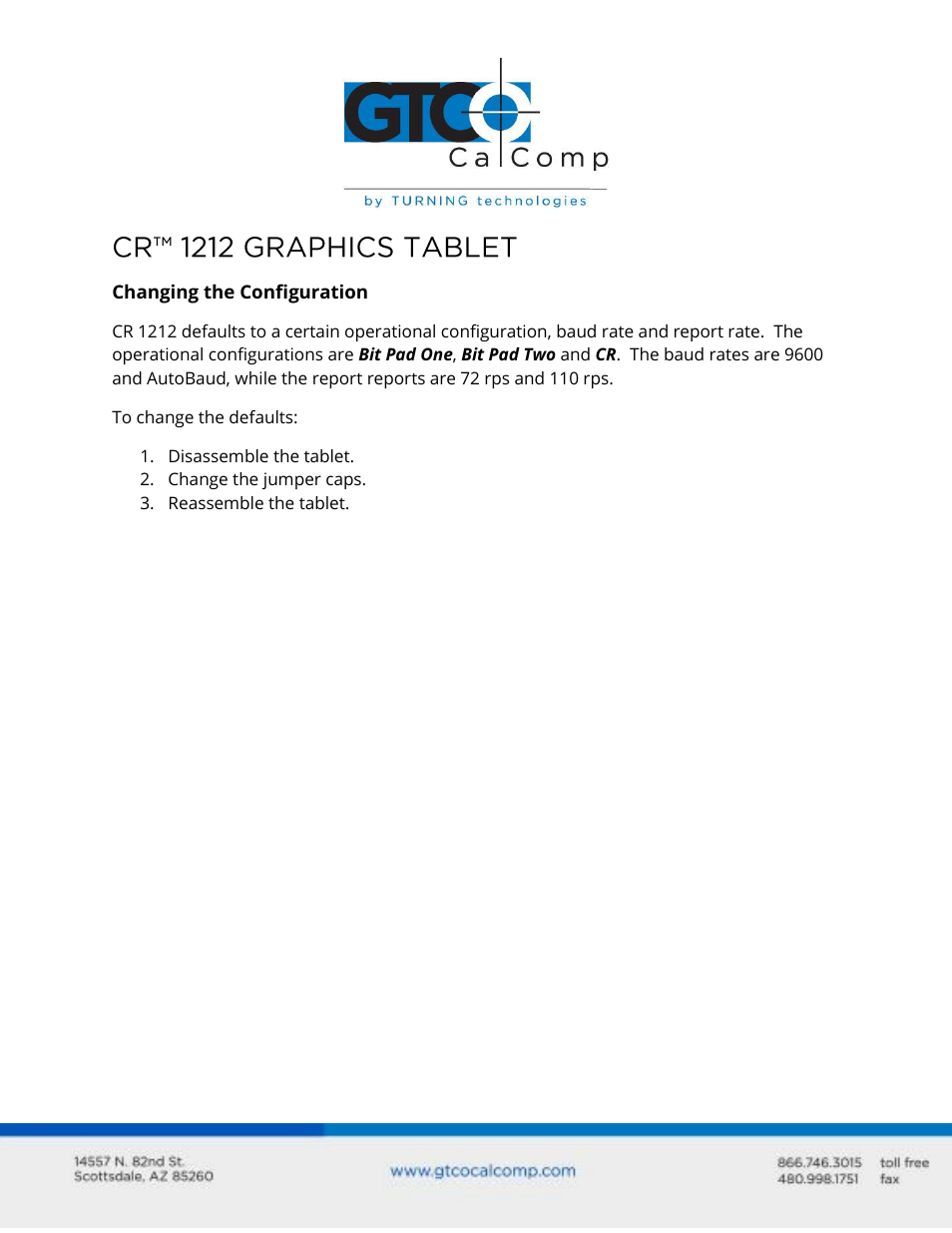 GTCO CR 1212 - Configuration User Manual | 8 pages