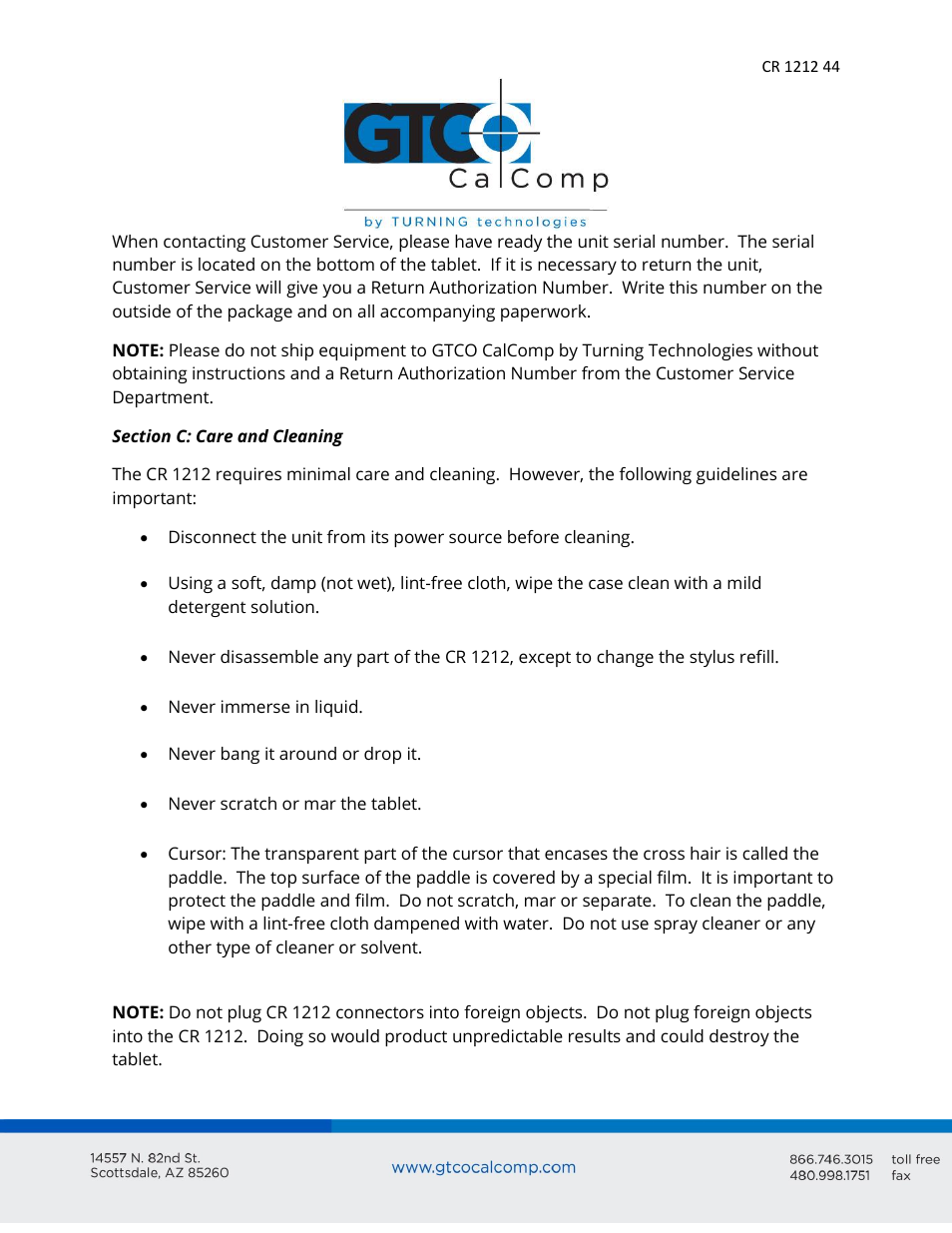 GTCO CR 1212 - Users Guide User Manual | Page 44 / 50