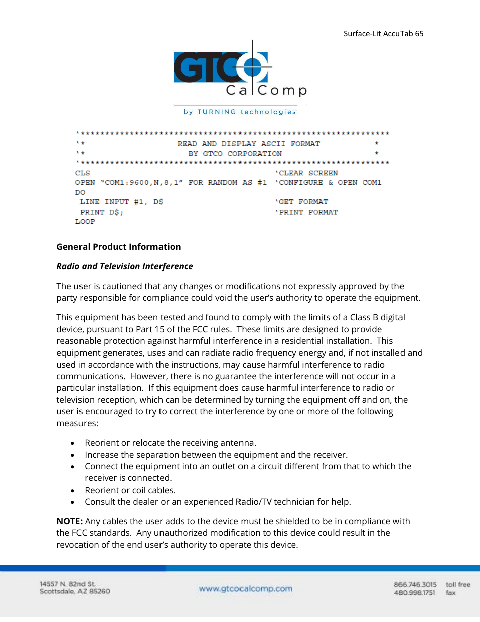 GTCO Surface-Lit AccuTab - Users Guide User Manual | Page 65 / 70