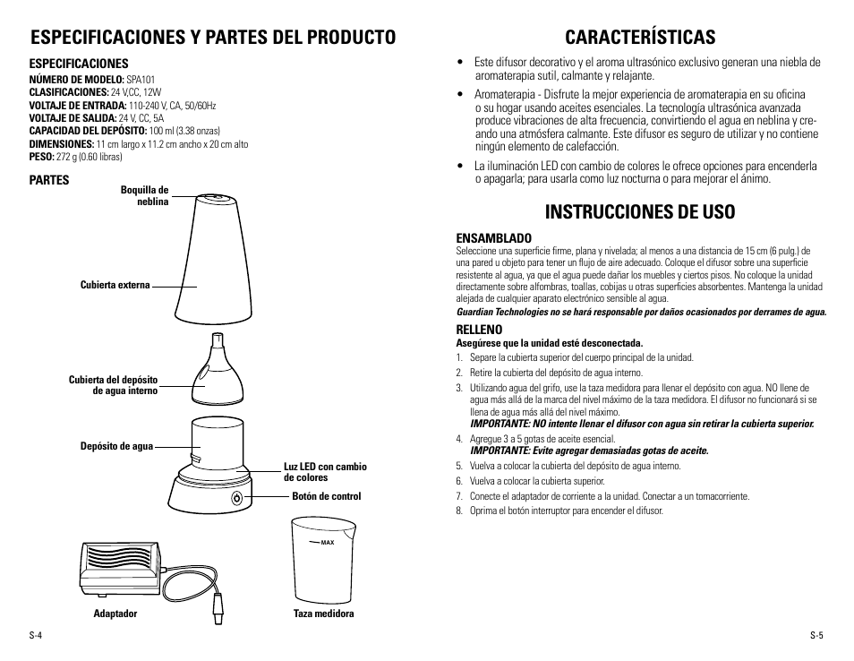 Especificaciones y partes del producto, Características, Instrucciones de uso | Guardian Technologies SPA101 User Manual | Page 11 / 12