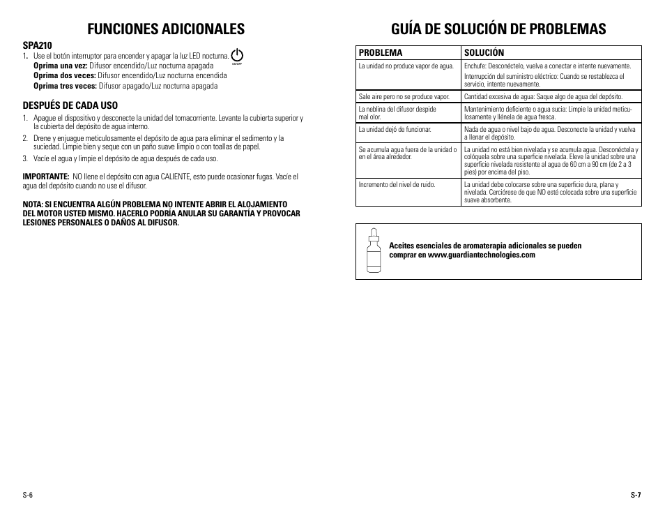 Funciones adicionales, Guía de solución de problemas | Guardian Technologies SPA101 User Manual | Page 12 / 12