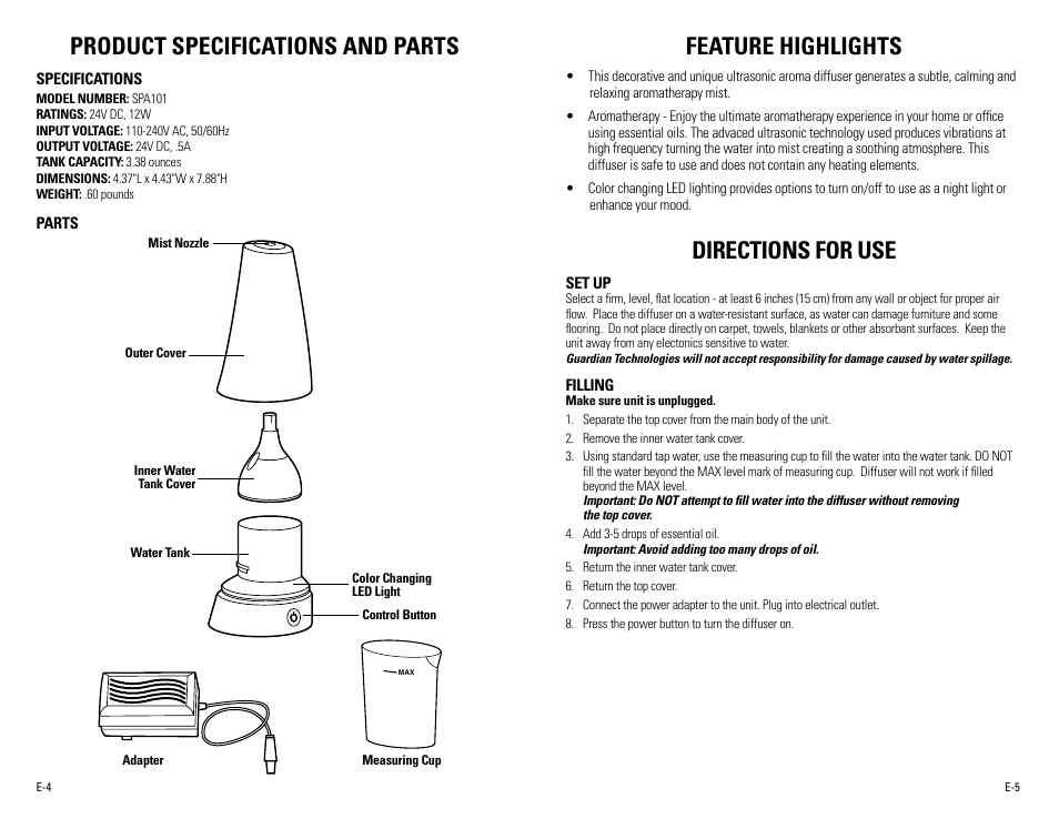 Product specifications and parts, Feature highlights, Directions for use | Guardian Technologies SPA101 User Manual | Page 3 / 12