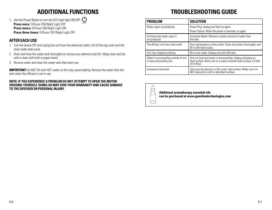 Additional functions, Troubleshooting guide | Guardian Technologies SPA101 User Manual | Page 4 / 12