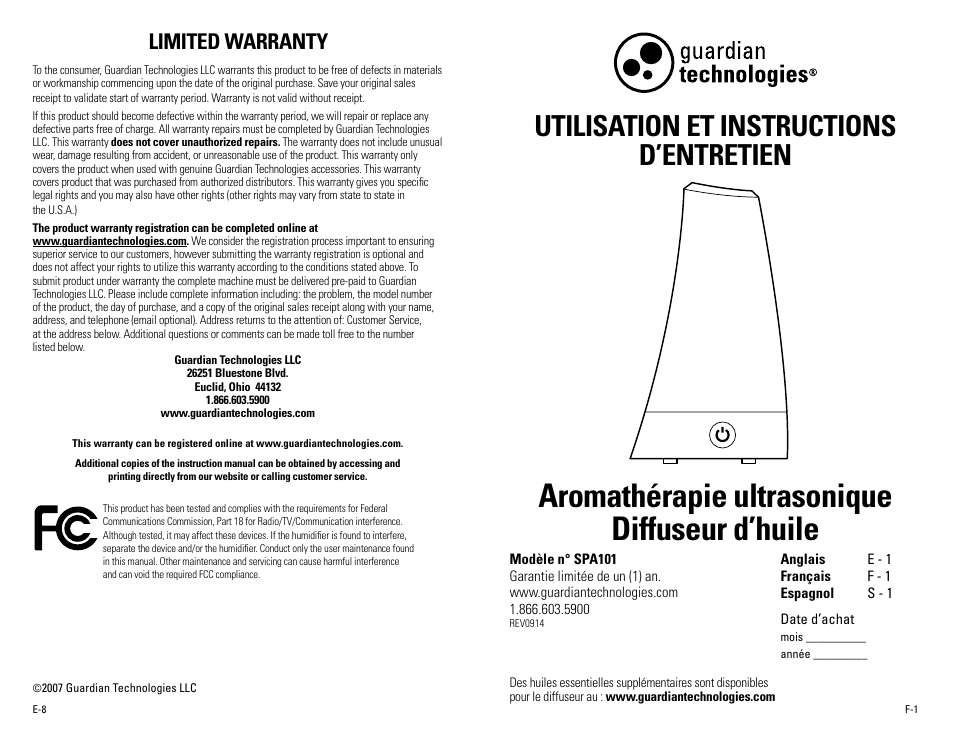 Aromathérapie ultrasonique diffuseur d’huile, Utilisation et instructions d’entretien, Limited warranty | Guardian Technologies SPA101 User Manual | Page 5 / 12