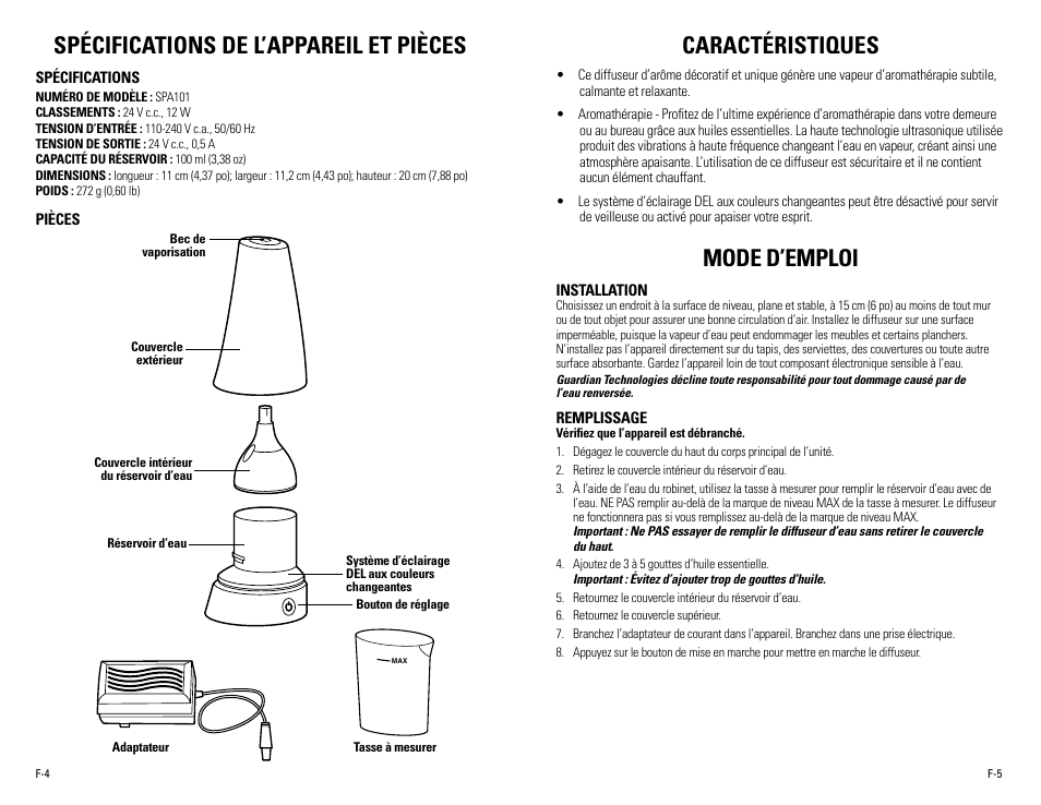 Spécifications de l’appareil et pièces, Caractéristiques, Mode d’emploi | Guardian Technologies SPA101 User Manual | Page 7 / 12