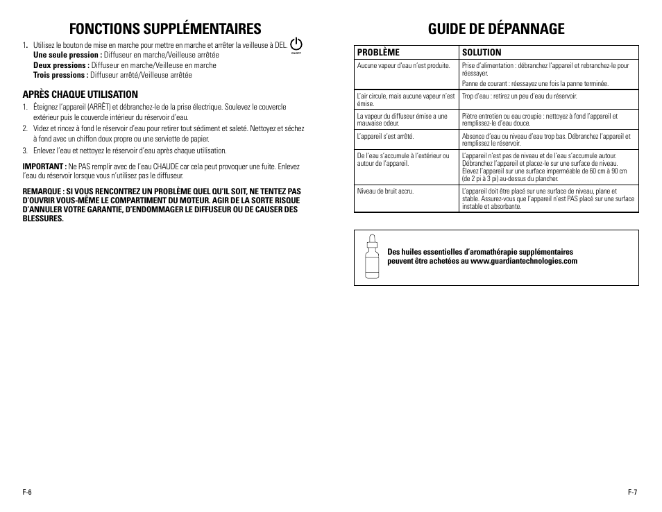 Fonctions supplémentaires, Guide de dépannage | Guardian Technologies SPA101 User Manual | Page 8 / 12