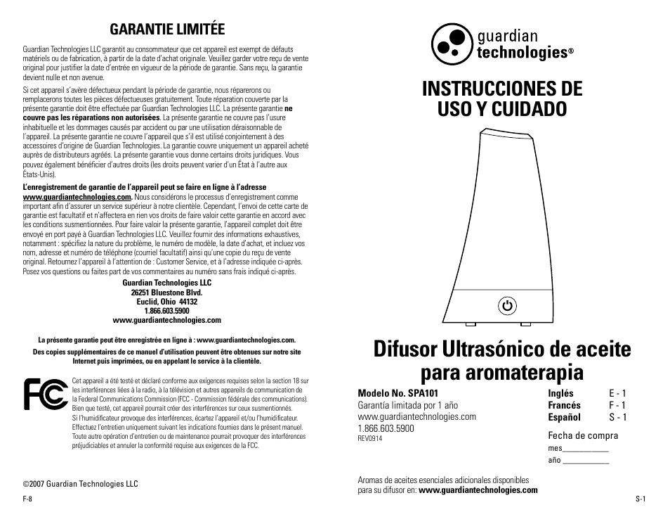 Difusor ultrasónico de aceite para aromaterapia, Instrucciones de uso y cuidado, Garantie limitée | Guardian Technologies SPA101 User Manual | Page 9 / 12