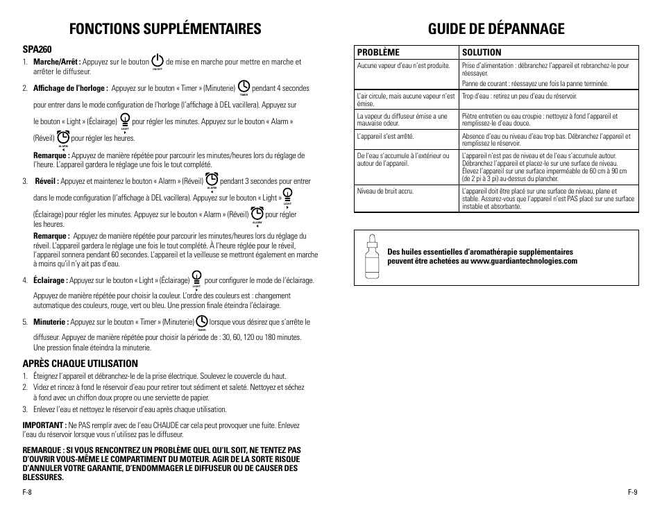 Guide de dépannage, Fonctions supplémentaires, Spa260 | Après chaque utilisation, Problème solution | Guardian Technologies SPA260 User Manual | Page 10 / 16