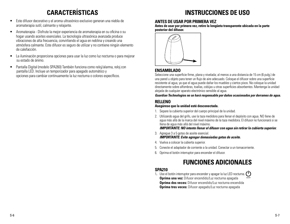 Instrucciones de uso, Características, Funciones adicionales | Guardian Technologies SPA260 User Manual | Page 14 / 16