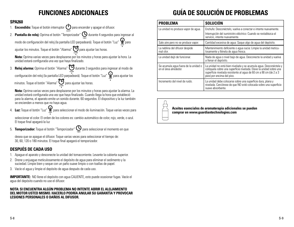 Guía de solución de problemas, Funciones adicionales, Spa260 | Después de cada uso, Problema solución | Guardian Technologies SPA260 User Manual | Page 15 / 16