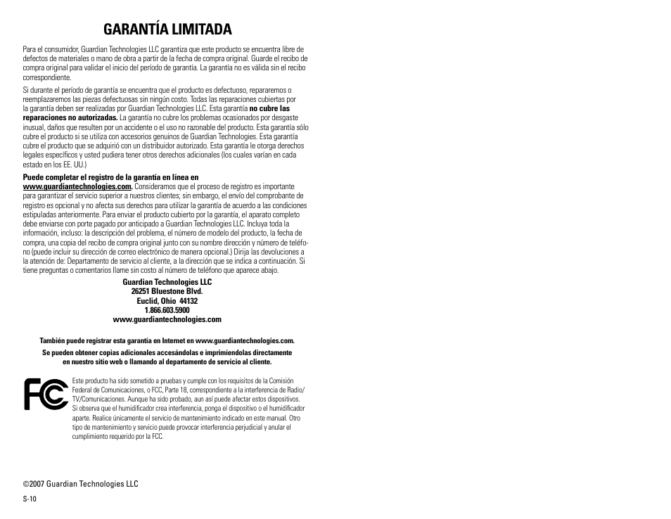 Garantía limitada | Guardian Technologies SPA260 User Manual | Page 16 / 16