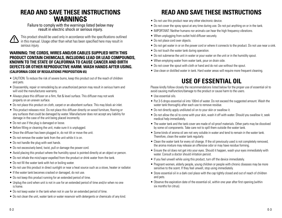 Warnings, Read and save these instructions, Use of essential oil | Guardian Technologies SPA260 User Manual | Page 2 / 16