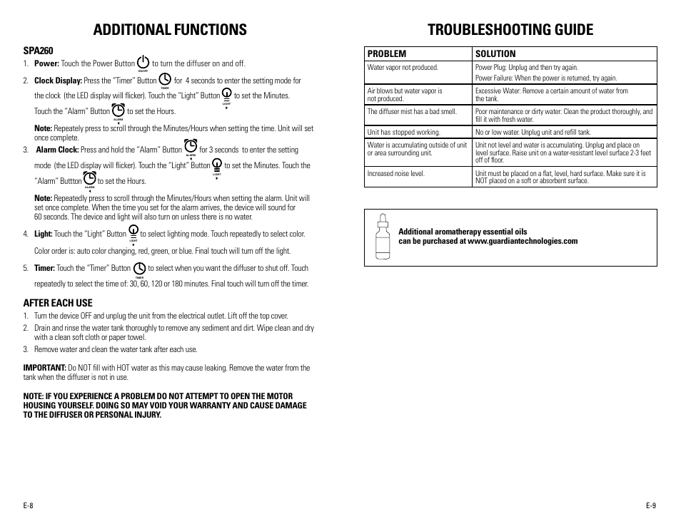 Troubleshooting guide, Additional functions, Spa260 | After each use, Problem solution | Guardian Technologies SPA260 User Manual | Page 5 / 16
