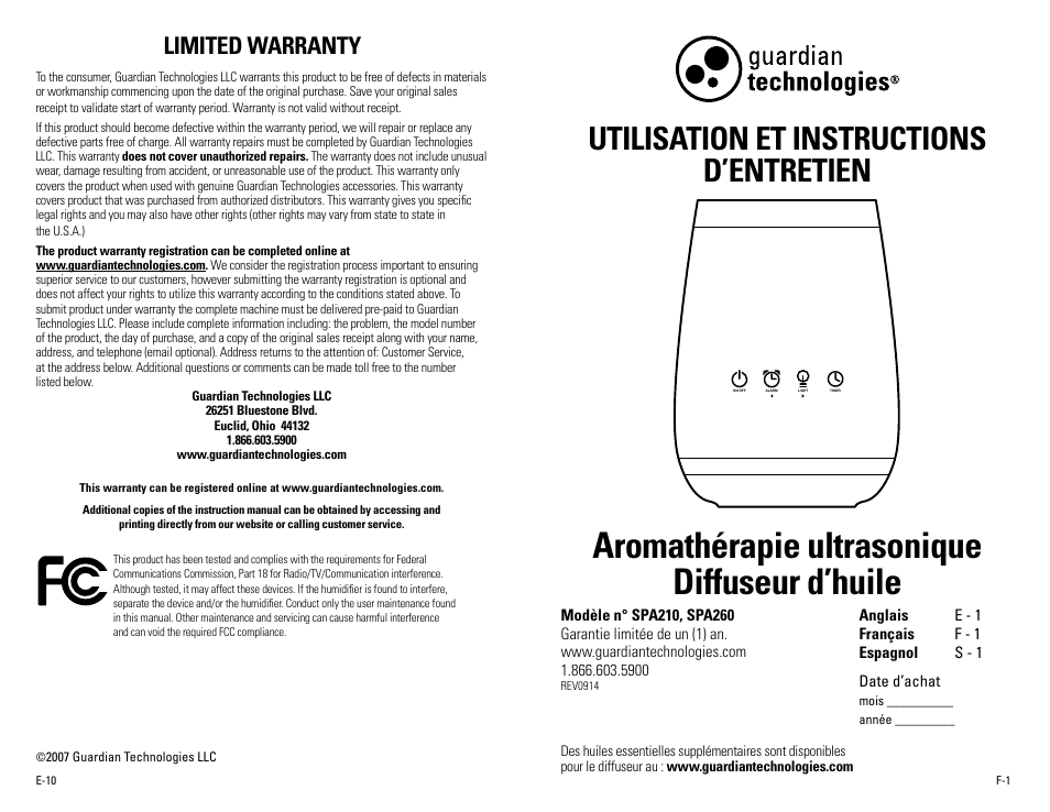 Aromathérapie ultrasonique diffuseur d’huile, Utilisation et instructions d’entretien, Limited warranty | Guardian Technologies SPA260 User Manual | Page 6 / 16
