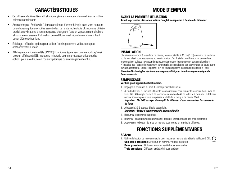 Mode d’emploi, Caractéristiques, Fonctions supplémentaires | Guardian Technologies SPA260 User Manual | Page 9 / 16