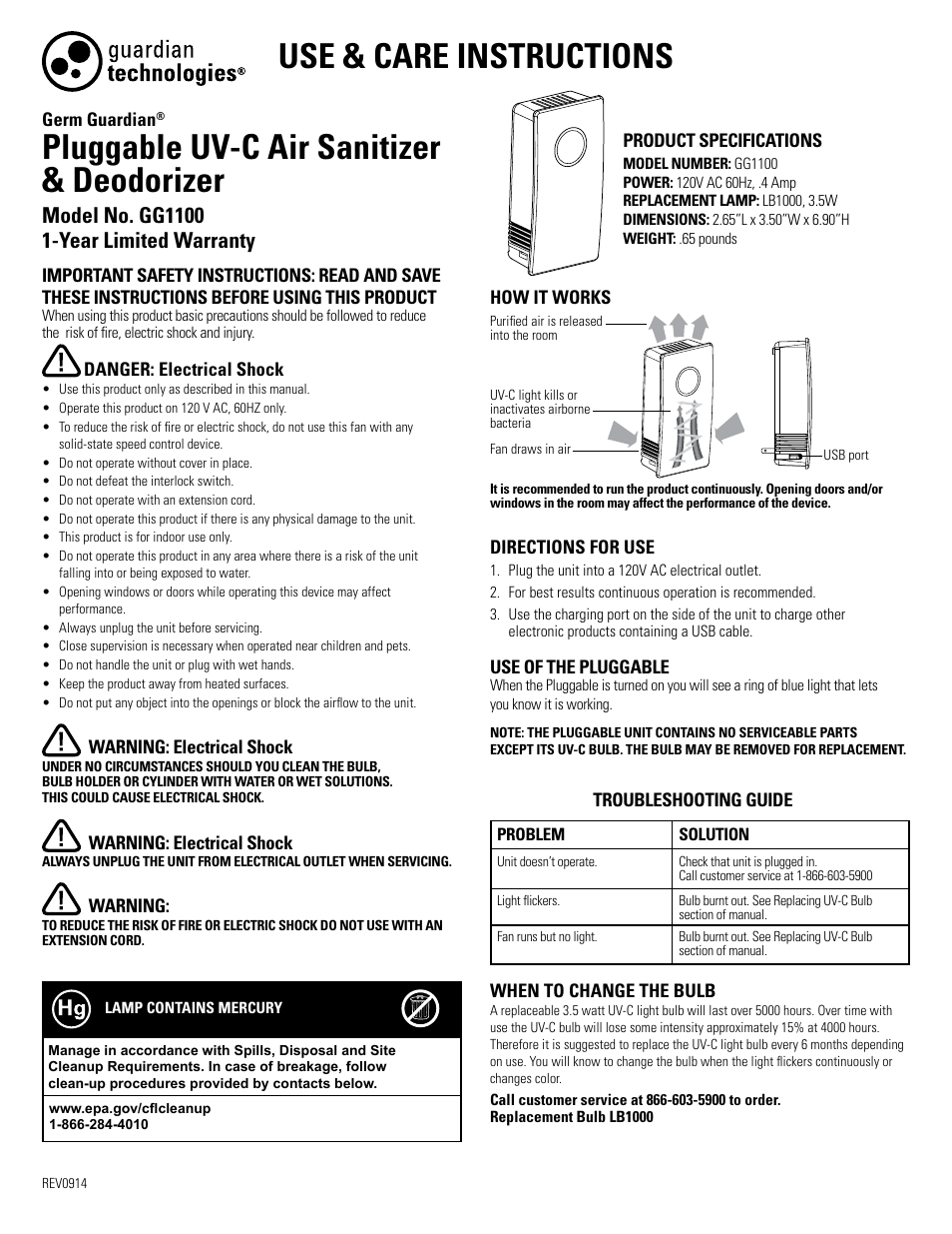 Guardian Technologies GG1100W & GG1100B User Manual | 6 pages