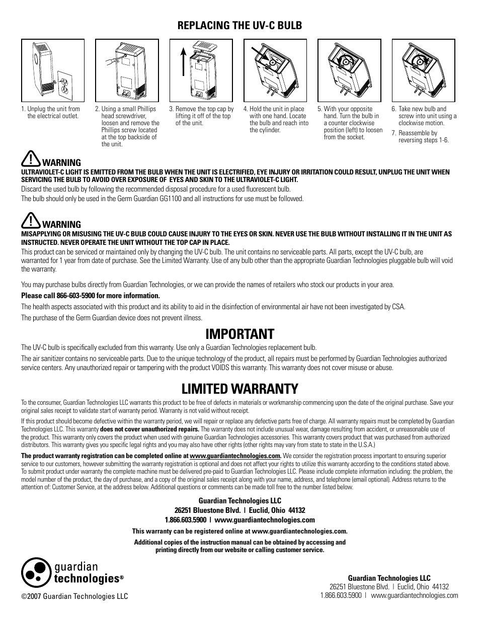 Important, Limited warranty, Replacing the uv-c bulb | Guardian Technologies GG1100W & GG1100B User Manual | Page 2 / 6