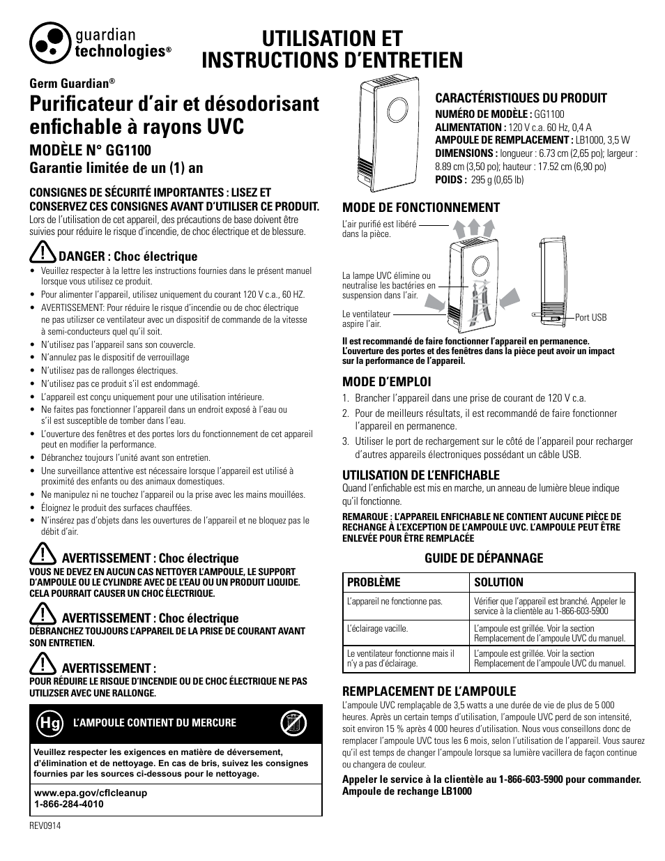 Utilisation et instructions d’entretien | Guardian Technologies GG1100W & GG1100B User Manual | Page 3 / 6