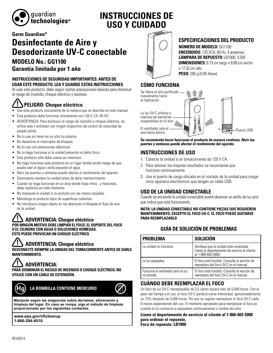 Instrucciones de uso y cuidado | Guardian Technologies GG1100W & GG1100B User Manual | Page 5 / 6