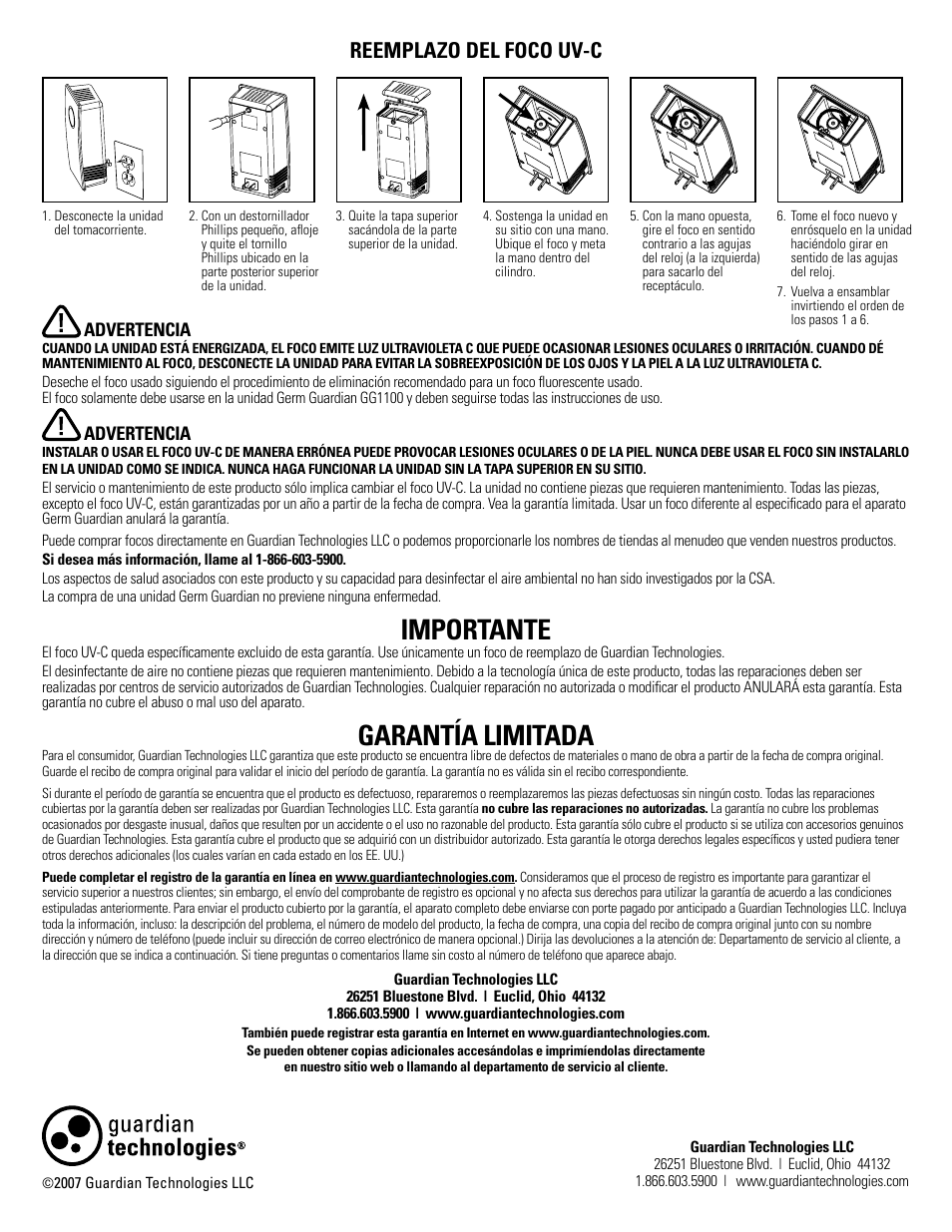Importante, Garantía limitada, Reemplazo del foco uv-c | Guardian Technologies GG1100W & GG1100B User Manual | Page 6 / 6