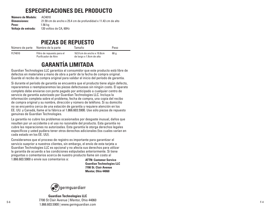 Piezas de repuesto, Garantía limitada, Especificaciones del producto | Guardian Technologies AC4010 User Manual | Page 10 / 10