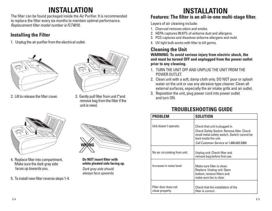 Installation, Troubleshooting guide, Cleaning the unit | Installing the filter | Guardian Technologies AC4010 User Manual | Page 3 / 10