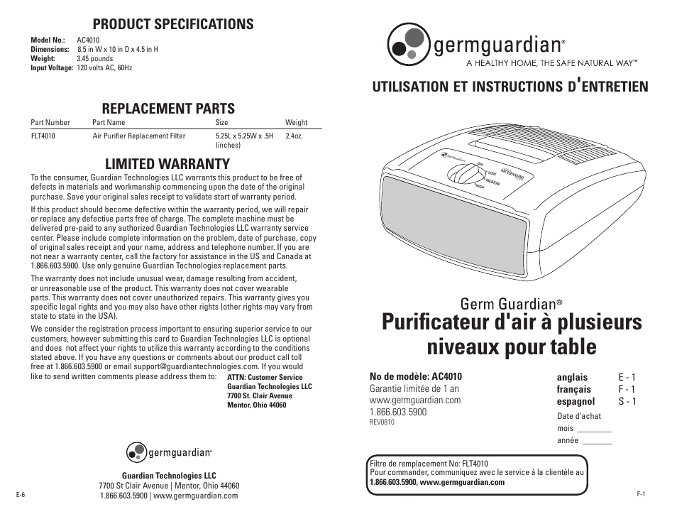 Purifi cateur d'air à plusieurs niveaux pour table, Replacement parts, Limited warranty | Utilisation, Instructions, Entretien, Product specifications | Guardian Technologies AC4010 User Manual | Page 4 / 10