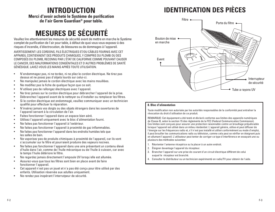 Introduction mesures de sécurité, Identification des pièces, Pour table | Guardian Technologies AC4010 User Manual | Page 5 / 10