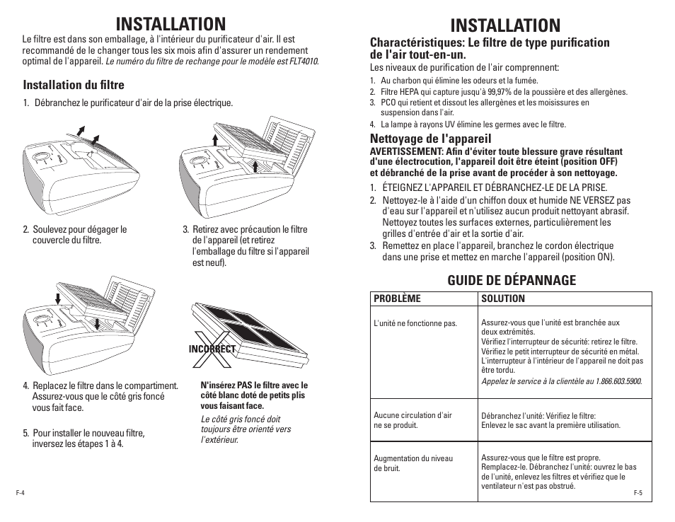 Installation, Guide de dépannage, Nettoyage de l'appareil | Installation du filtre | Guardian Technologies AC4010 User Manual | Page 6 / 10
