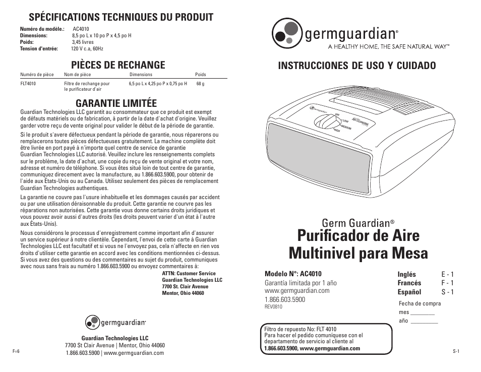 Purifi cador de aire multinivel para mesa, Pièces de rechange, Garantie limitée | Instrucciones, Cuidado, Spécifications techniques du produit | Guardian Technologies AC4010 User Manual | Page 7 / 10