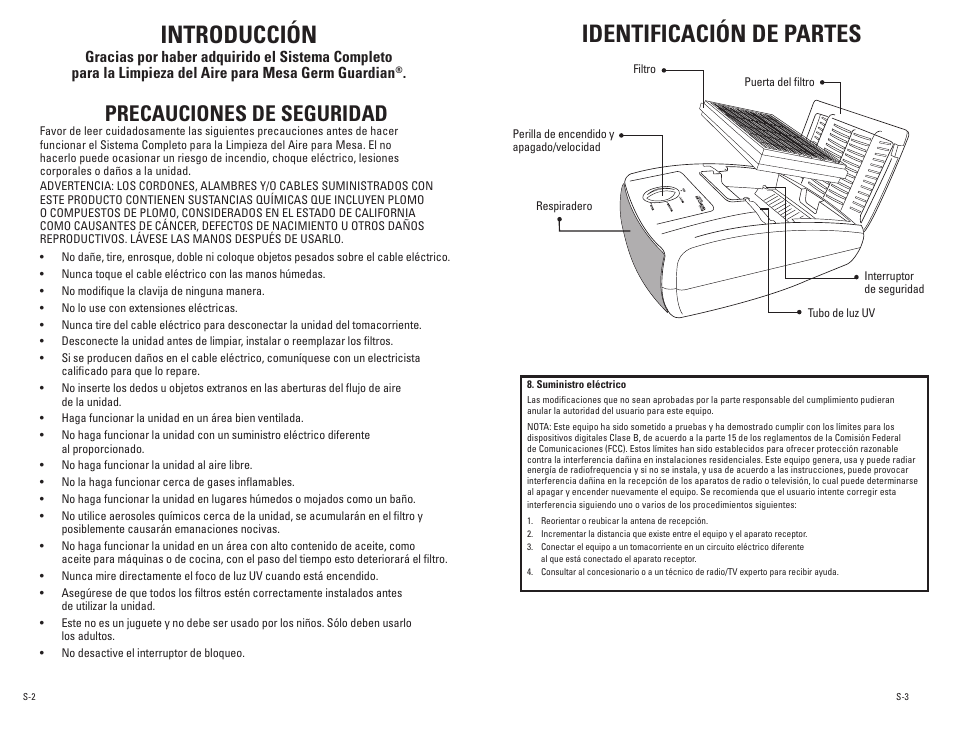 Introducción, Identificación de partes, Precauciones de seguridad | Guardian Technologies AC4010 User Manual | Page 8 / 10
